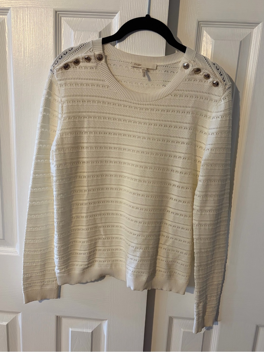 Women’s Maje Ivory Crew Neck Pointelle Knit Sweater With Logo Button Accents